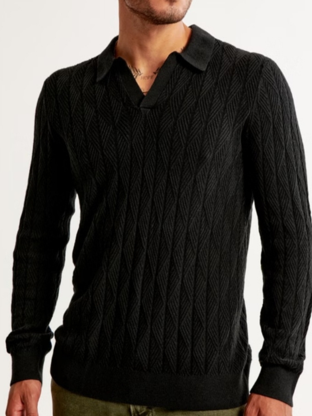 Abercrombie And Fitch Men's Black Cable-Knit Collar Sweater Size Large